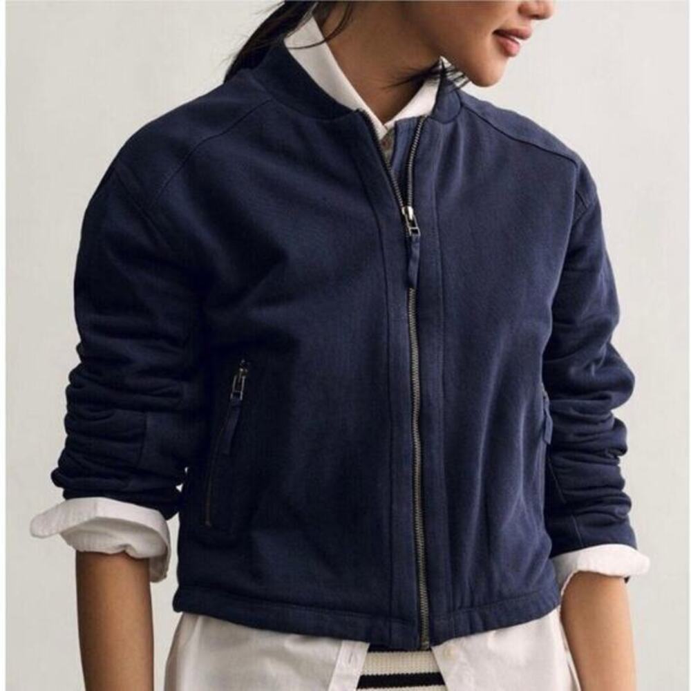 Anthropologie Pilcro Knit Bomber Jacket Top‎ Zip-Up Navy Long Sleeve Large